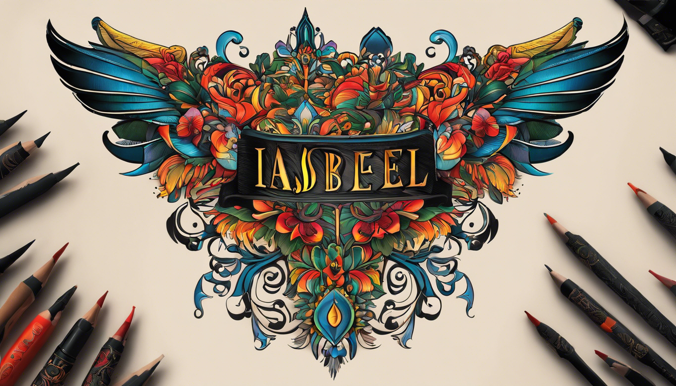 A bold and intricate tattoo featuring the name 'Isabel'