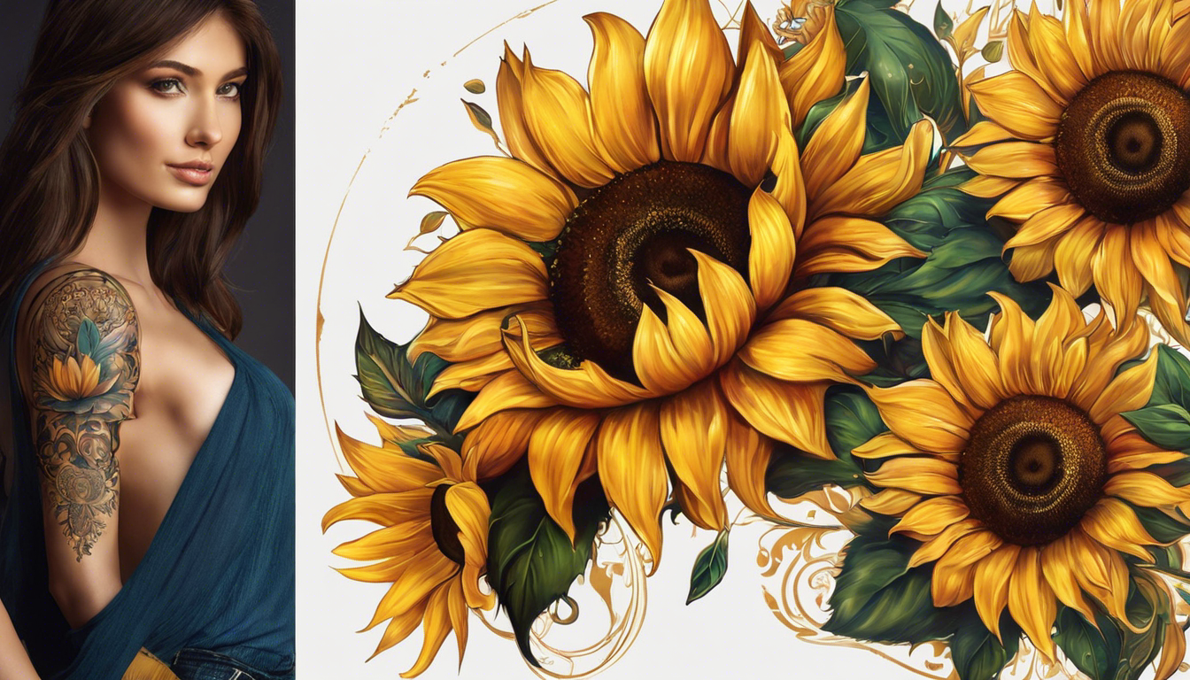 A vibrant sunflower and initials tattoo design on a suitable body part, using visual details and tattoo-specific language