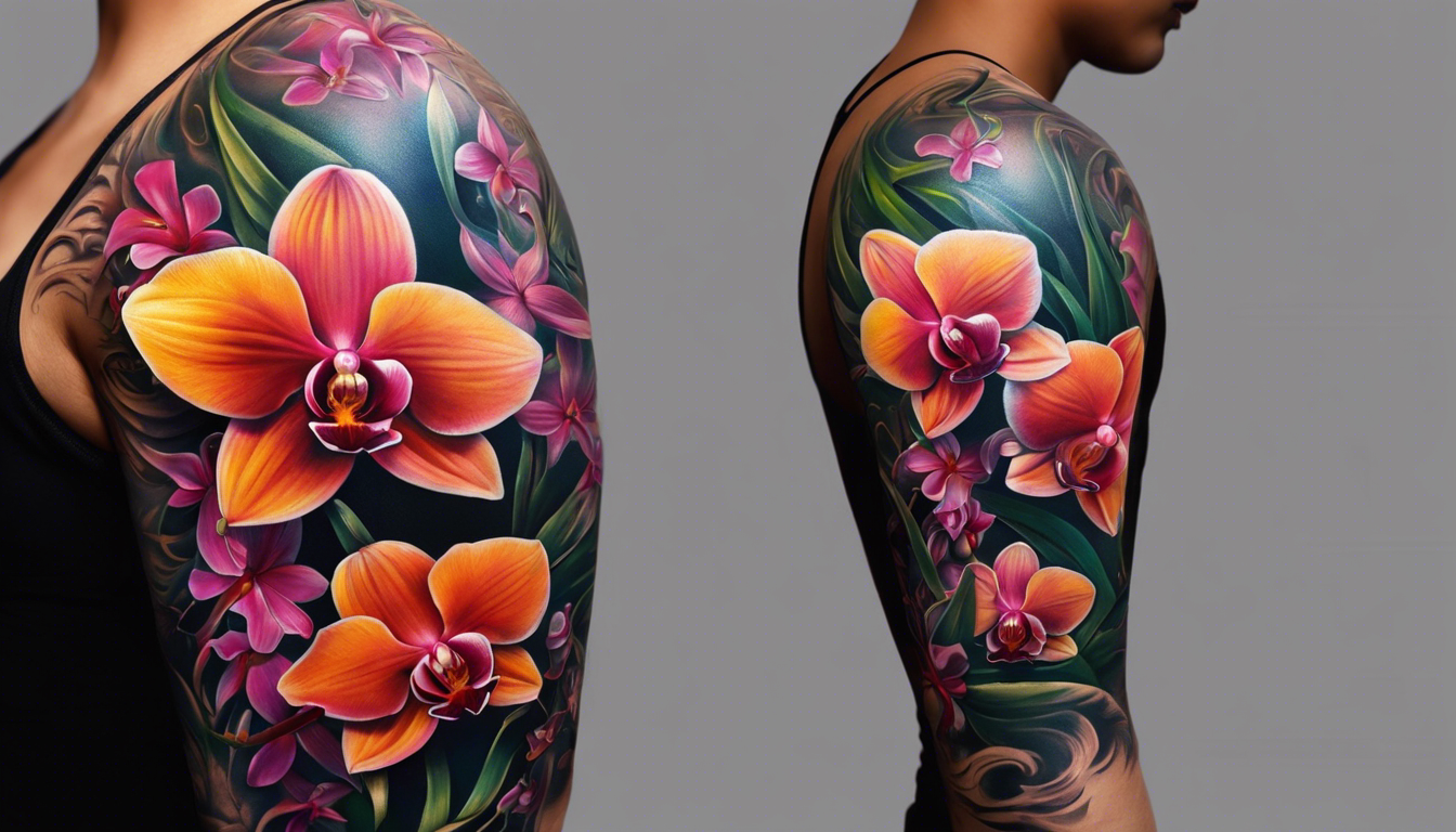 A realistic tattoo design on any body part, infusing vibrant orchids and an inspiring quote