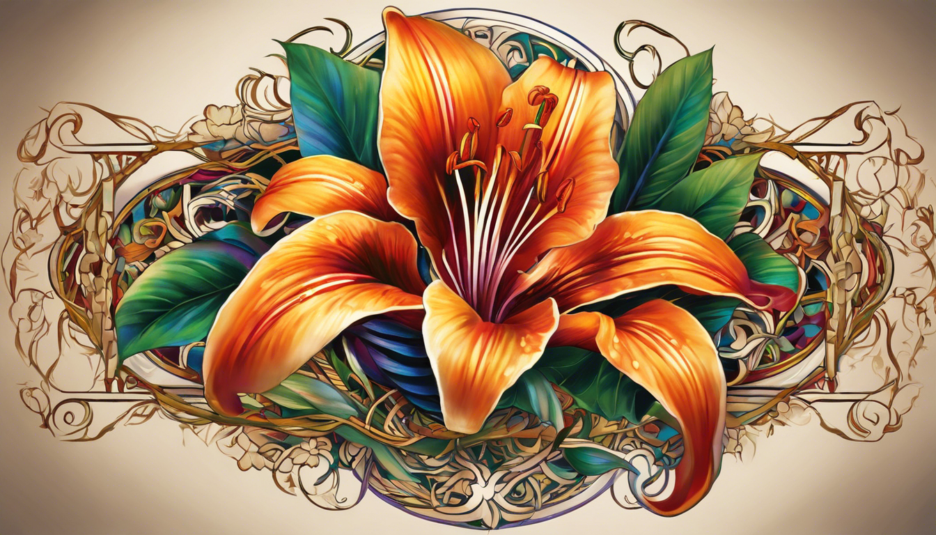 An elegant tattoo design featuring a scripted word intertwined with a vibrant lily