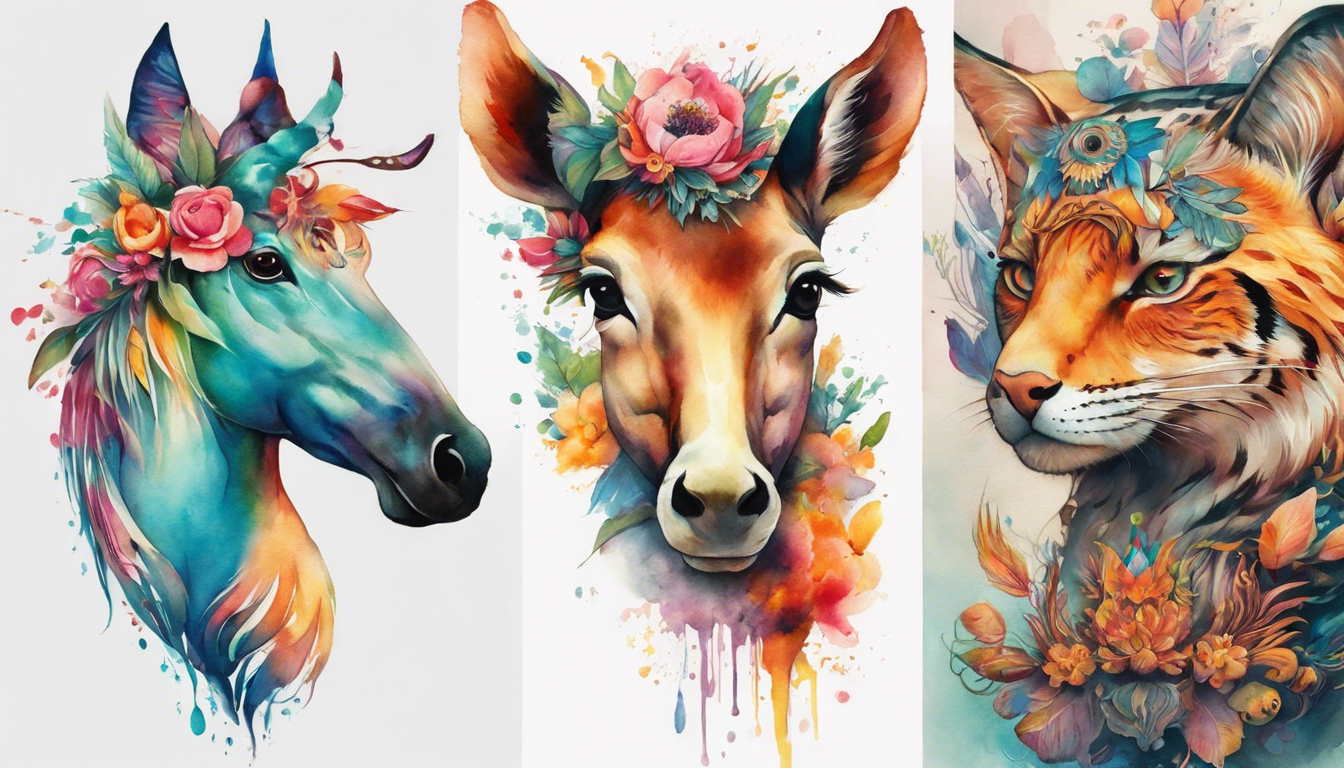 A captivating tattoo design for an article on "Watercolor Tattoo Designs for Women," specifically focusing on whimsical animal watercolor tattoos