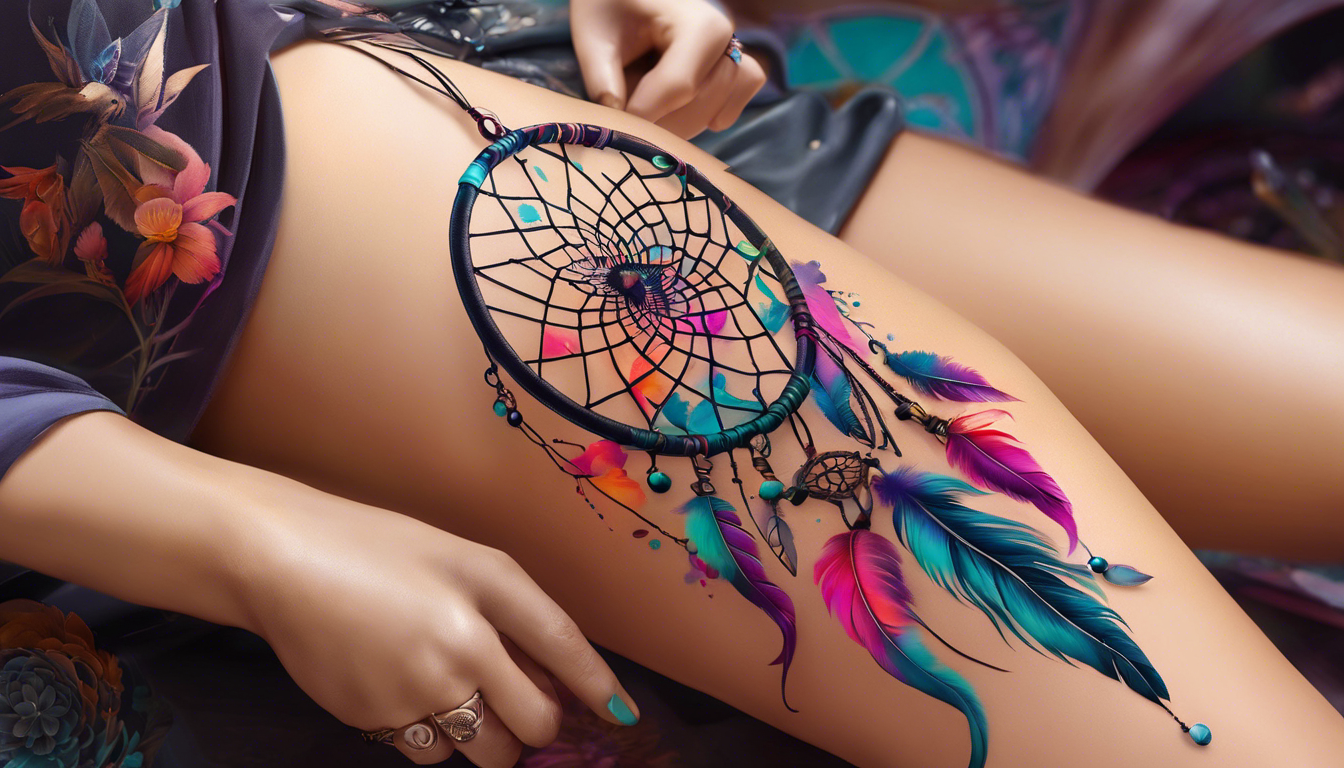 A vibrant and captivating leg tattoo featuring a colorful dreamcatcher adorned with intricate floral elements