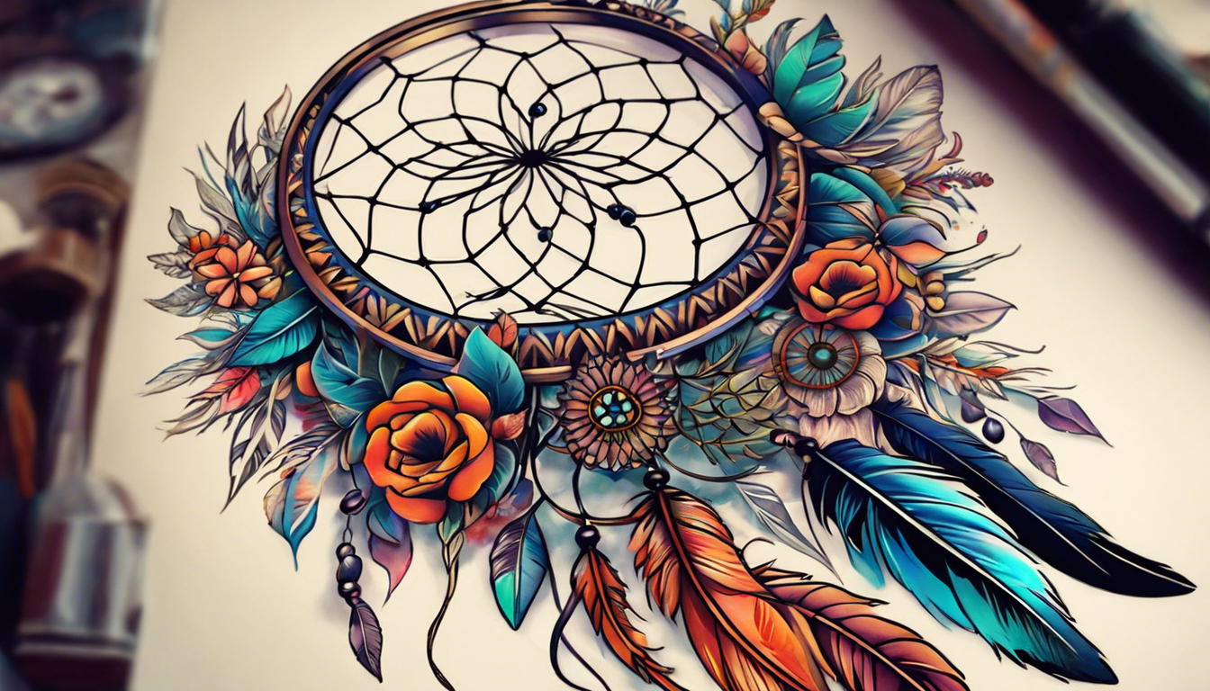 A tattoo-style image depicting a mesmerizing Dreamcatcher Leg Tattoo Design for women