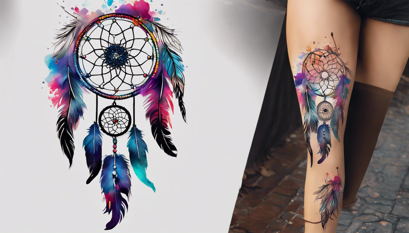 A captivating dreamcatcher leg tattoo for women, featuring intricate patterns and vibrant watercolor background