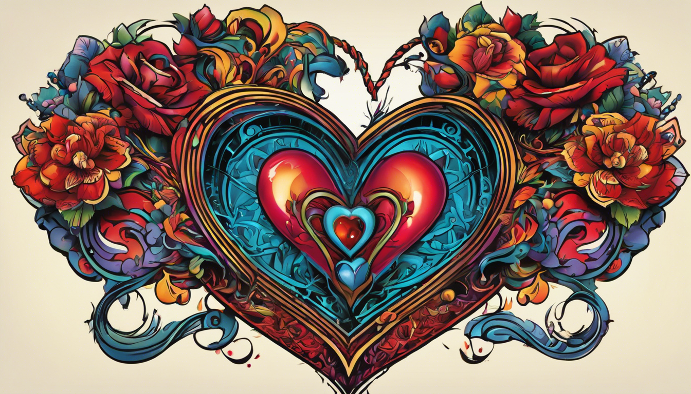 A vibrant tattoo design for an article titled "d Tattoo Designs for Couples," with a subtopic on Heartbeat Tattoos