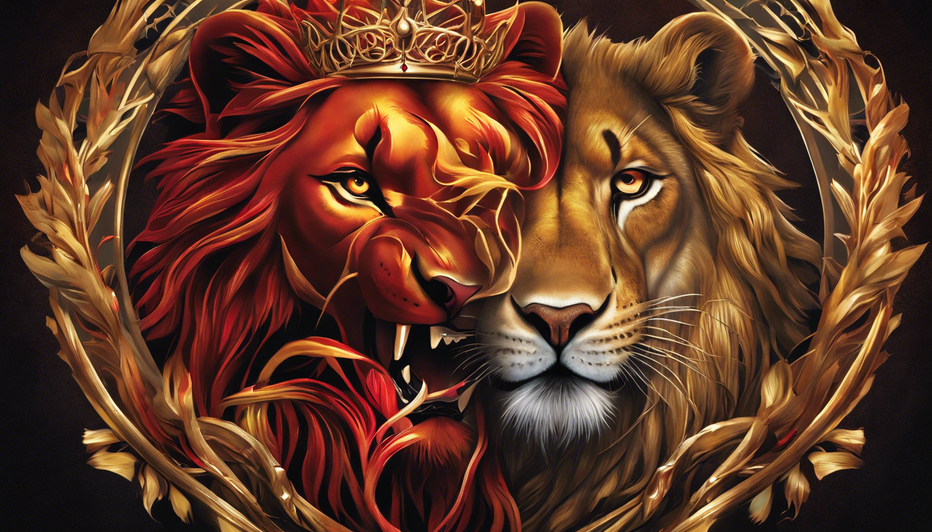 An image showcasing two intertwined 3D tattoo designs; a majestic lioness with fiery eyes embracing a fierce lion with a crown of thorns, symbolizing strength and loyalty in a mesmerizing display of love and unity