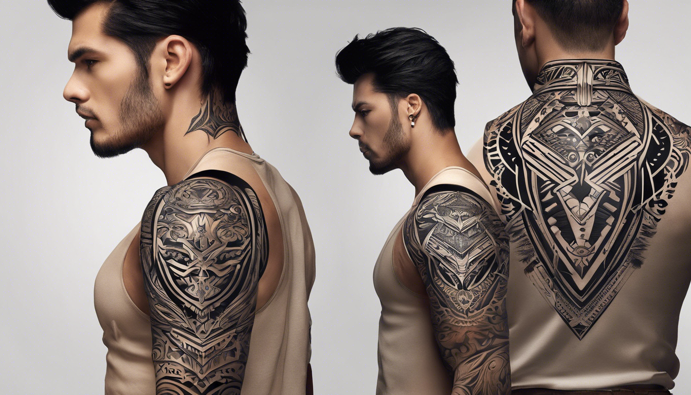 A visually captivating tattoo design, showcasing male above elbow designs for men, with a focus on tribal-inspired sleeve tattoos