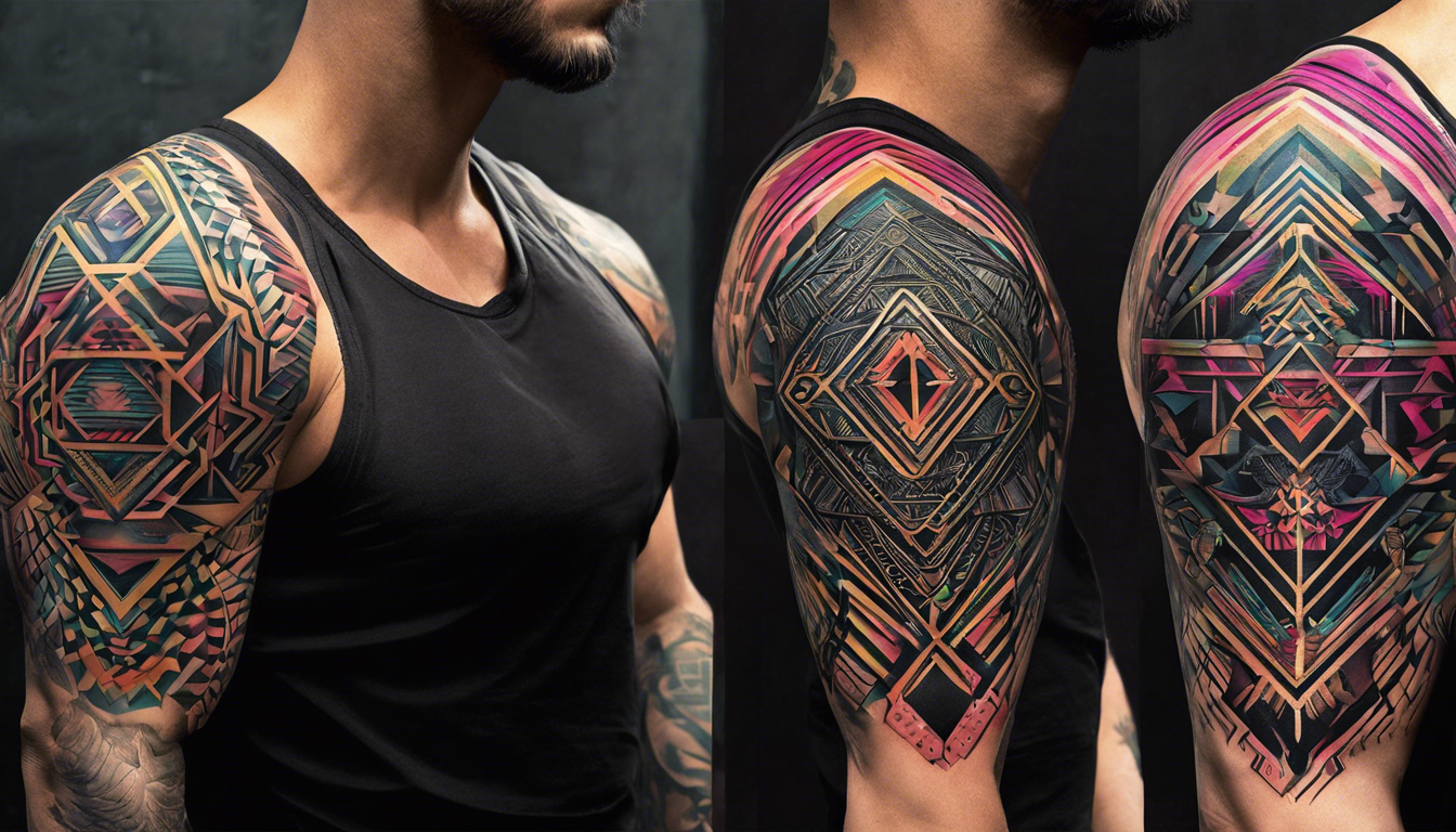 A visually stunning tattoo image showcasing a geometric pattern masterpiece for men, specifically focusing on male above elbow tattoo designs