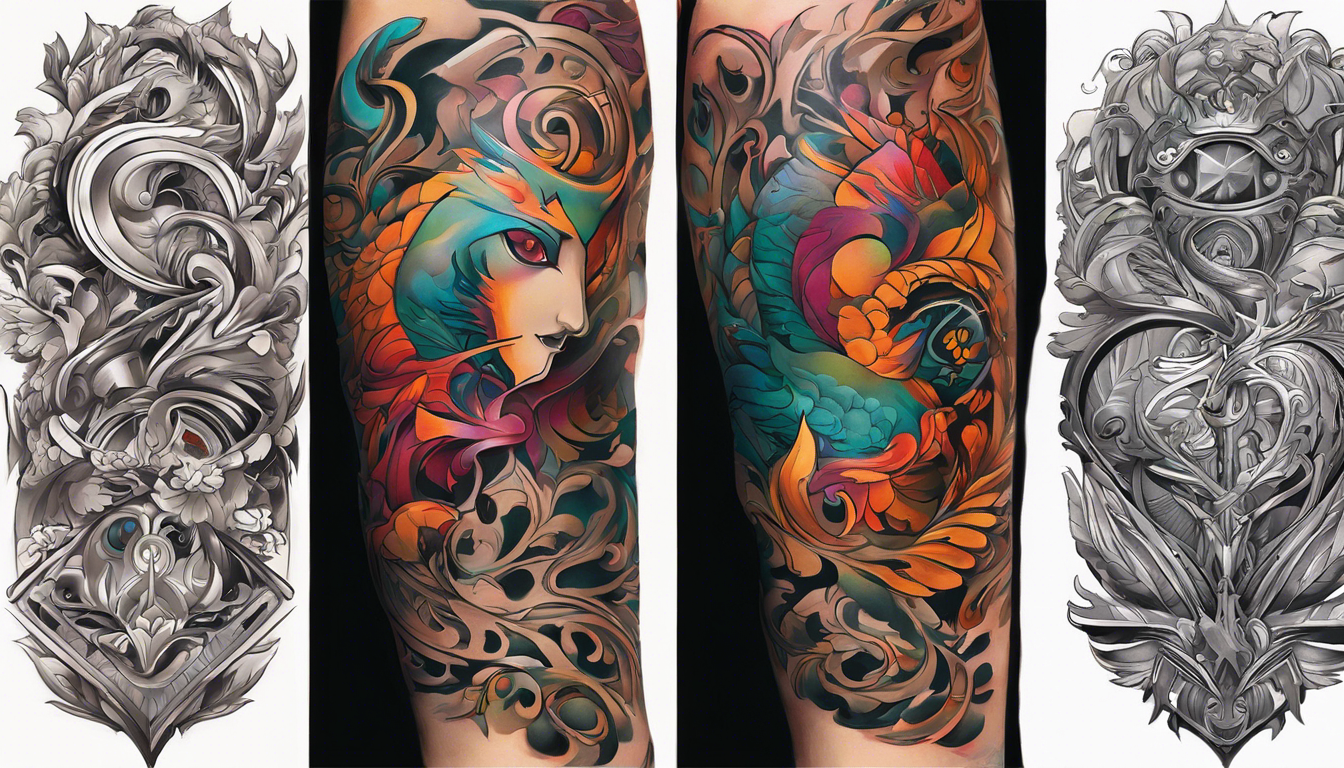 A vibrant tattoo style image for an article on "Male Above Elbow Tattoo Designs for Men," focusing on abstract and artistic creations