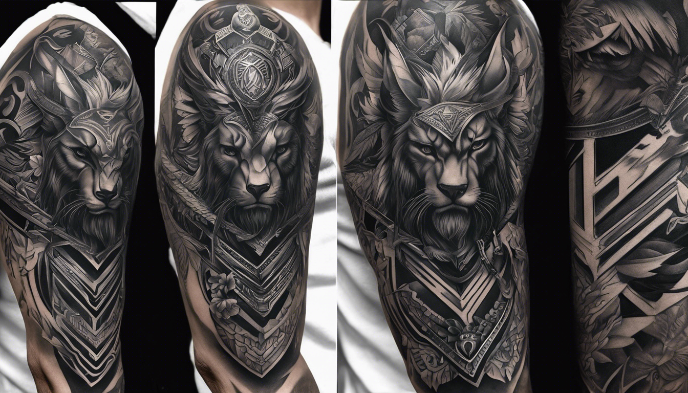 A striking tattoo artwork in traditional black and gray style, showcasing masculine above elbow tattoo designs for men