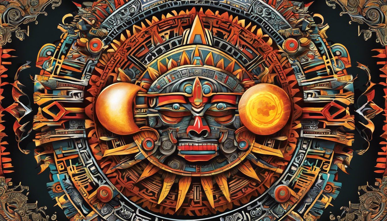 A captivating tattoo-style image showcasing Aztec tattoos for men, focusing on the mesmerizing Sun and Moon designs