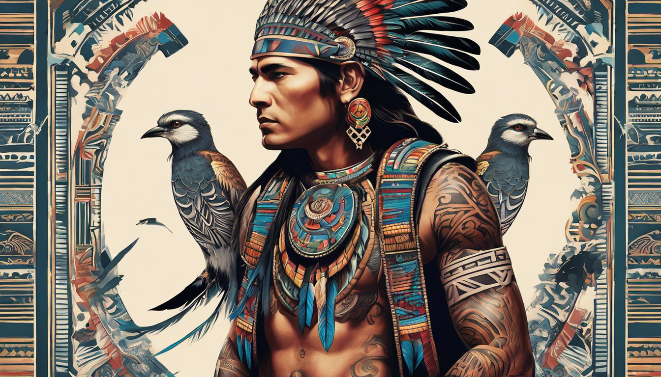 A captivating tattoo-style image showcasing Aztec tattoos for men, focusing on the mesmerizing details of feather and bird tattoos