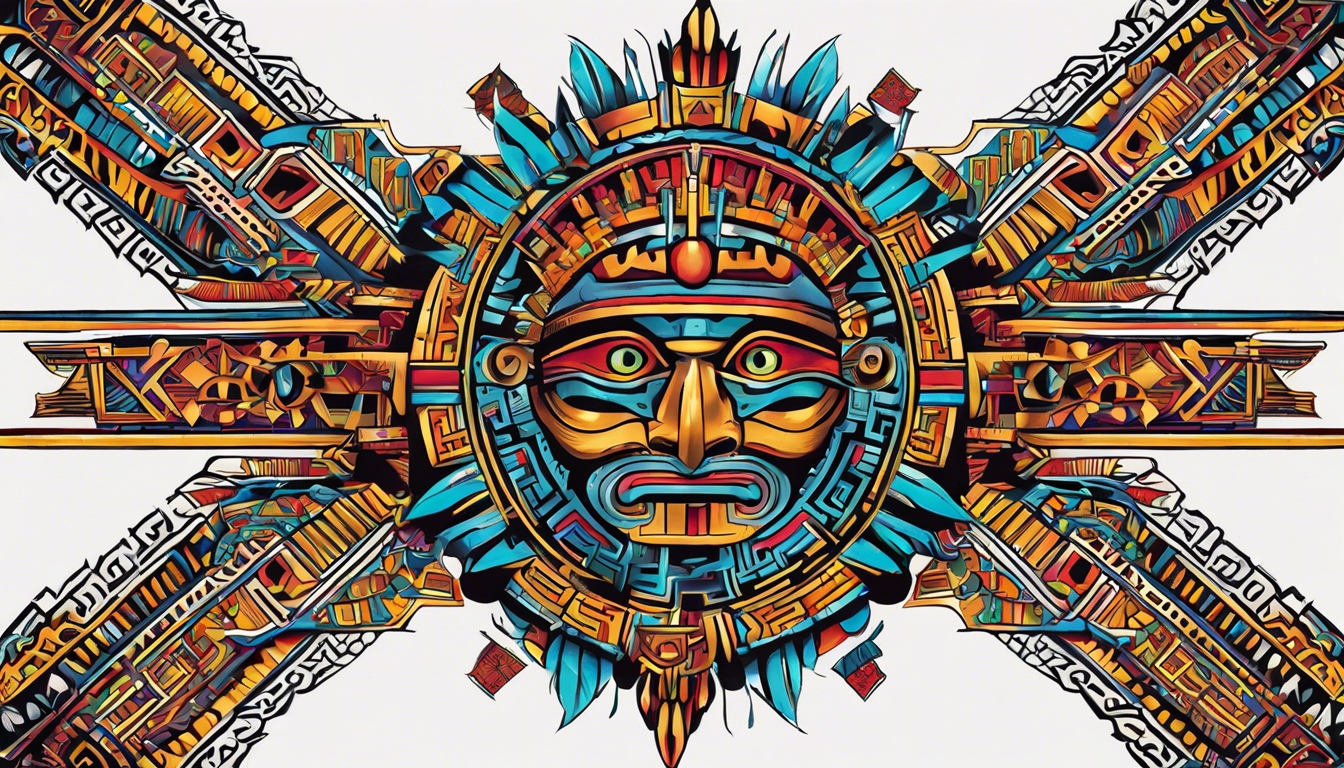 A visually striking Aztec tattoo image for an article on "Aztec Tattoos for Men," focusing on Geometric Patterns