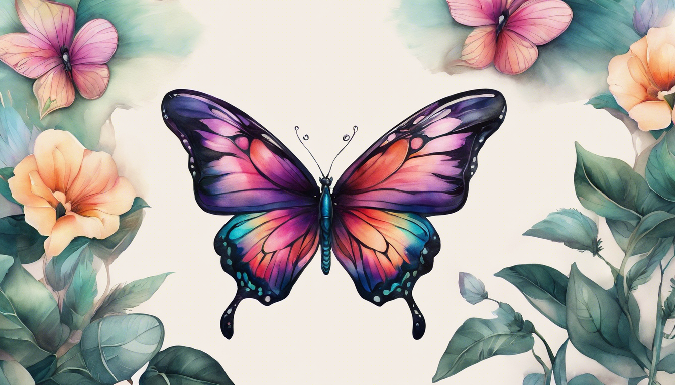 A vibrant tattoo featuring a watercolor butterfly, showcasing its delicate wings with vibrant hues blending seamlessly