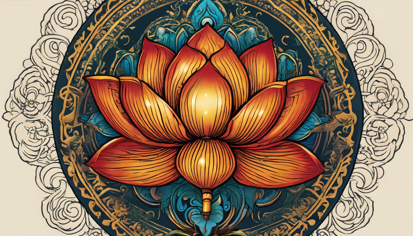 A captivating tattoo-style image for an article titled "Buddhist Protection Tattoos Images" with a subtopic of "The Sacred Lotus Flower