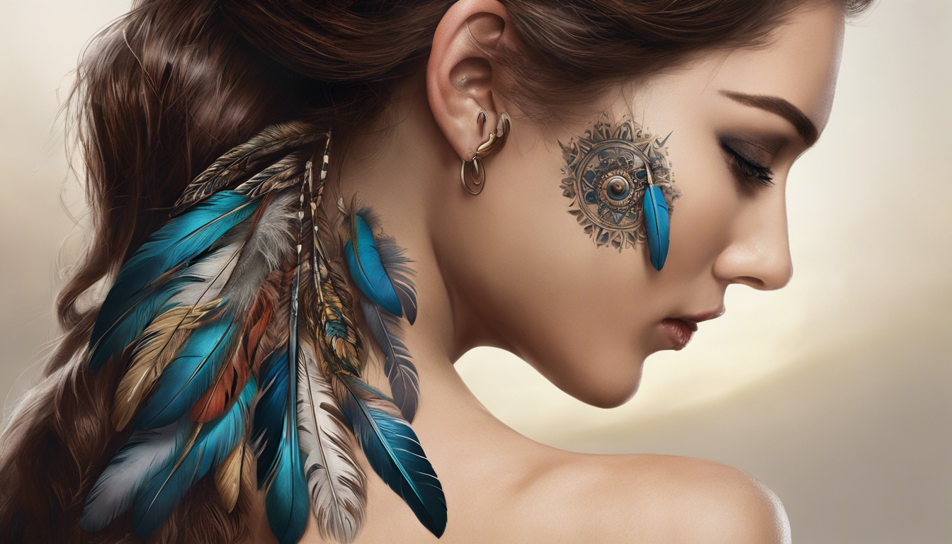 A tattoo-style image showcasing discreet tattoos behind the ear, with a focus on delicate feather designs