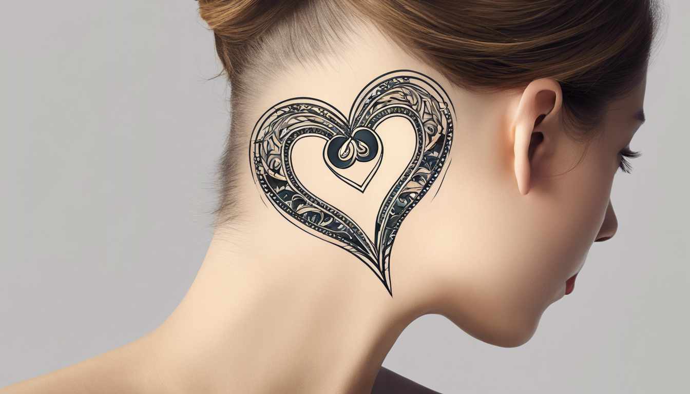 A minimalist heart tattoo image placed discreetly behind the ear, incorporating fine linework, delicate shading, and subtle color accents to capture the essence of simplicity and elegance