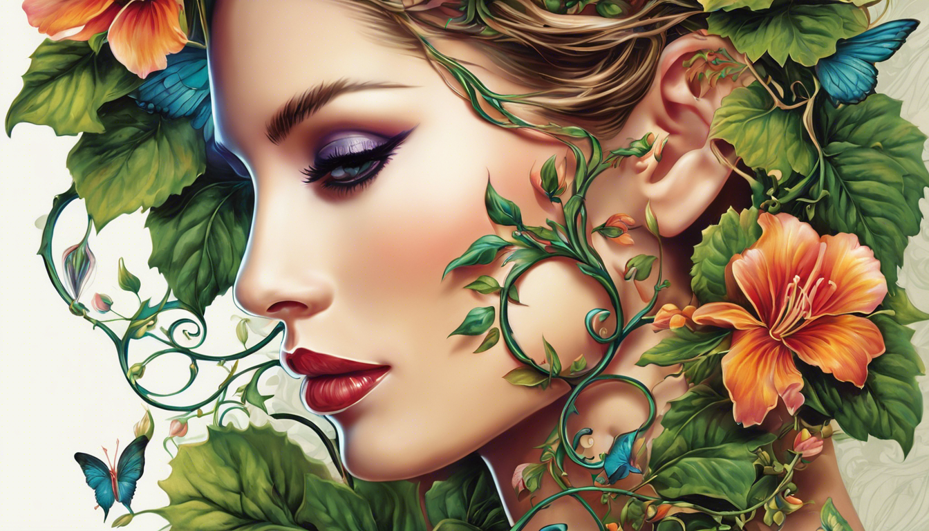 A stunning tattoo-style image for an article titled "Discreet Tattoo Images Behind the Ear" with a subtopic of Floral Vine