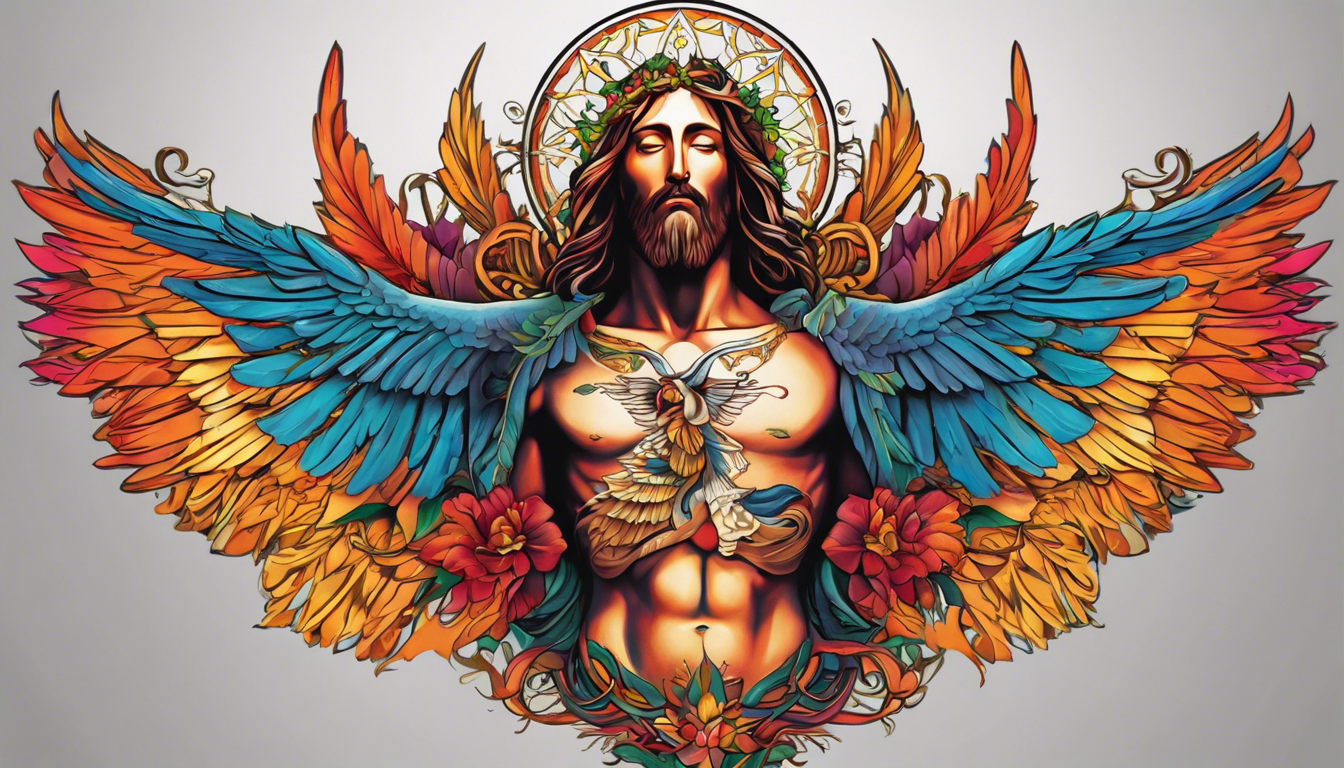 A striking tattoo-style image showcasing a graceful 'Jesus' tattoo on a ribcage, accentuated by intricate linework and vibrant colors