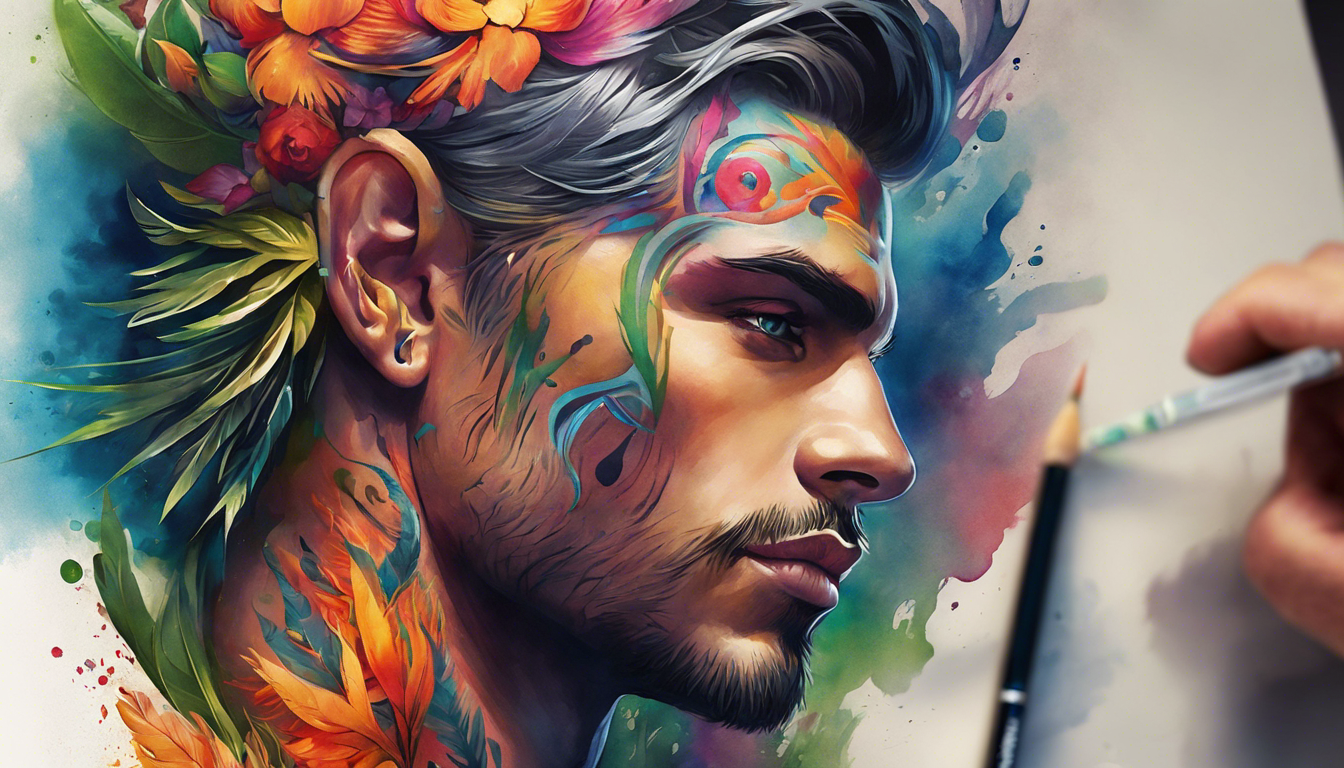 A striking tattoo image for an article titled "Cool Male Tattoos Images," focusing on a Colorful Watercolor Shoulder Tattoo