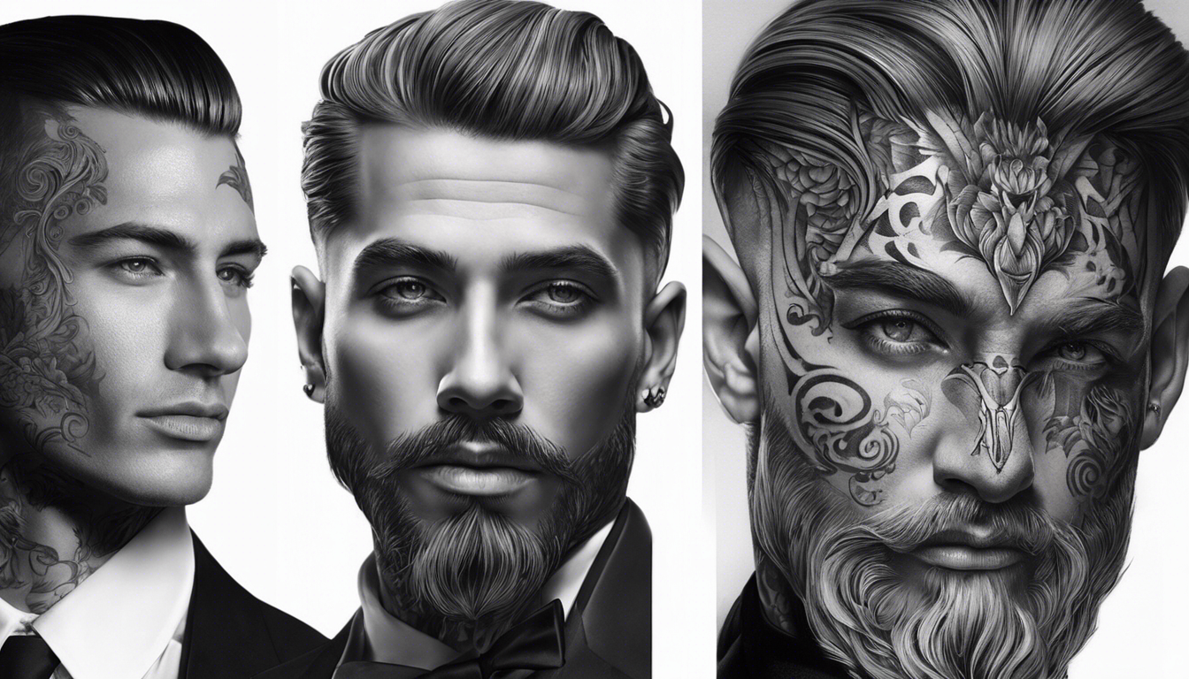 A visually captivating tattoo-style image showcasing the elegance and artistry of black and grey portrait tattoos, tailored specifically for gentlemen