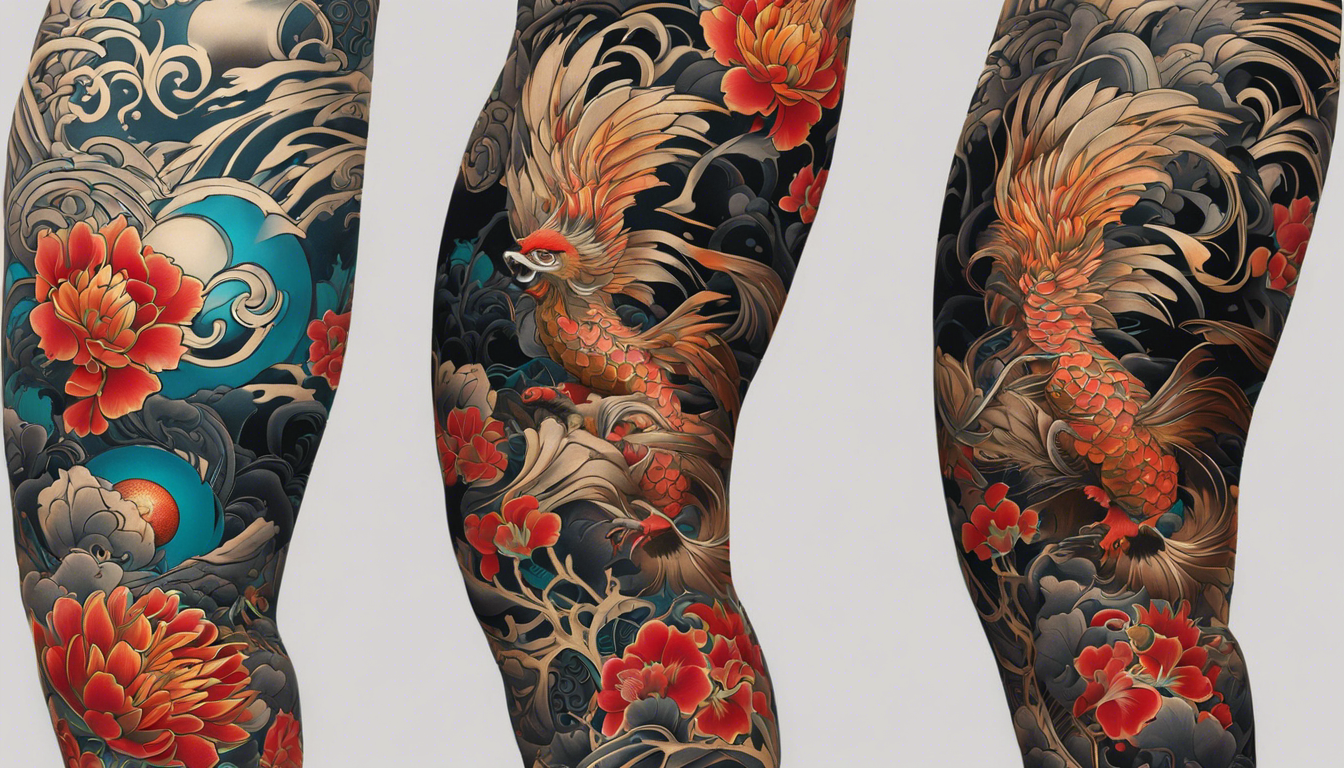 A striking tattoo image for an article showcasing "Beautiful Tattoo Images for Gentlemen" with a focus on Japanese Irezumi Leg Sleeve