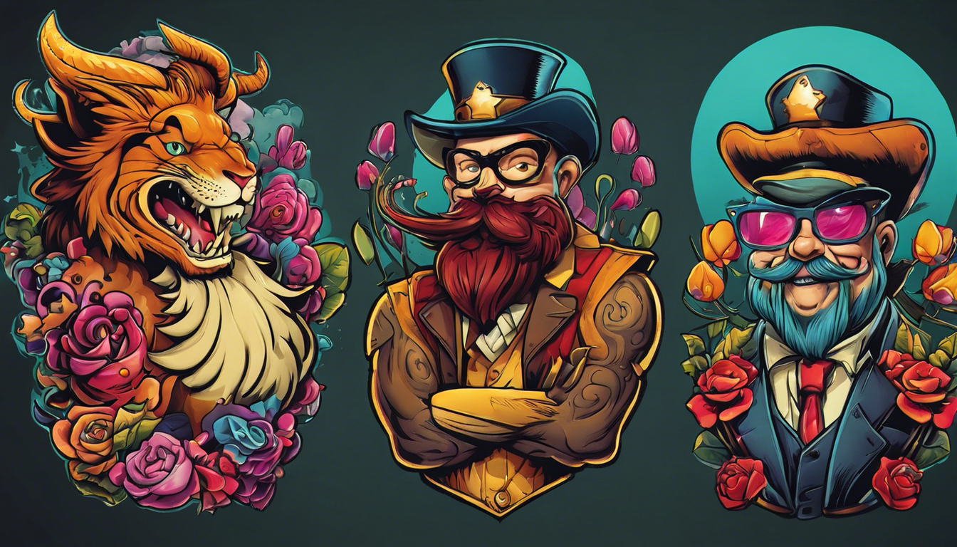 A tattoo-style image showcasing hilarious tattoo ideas for men, focusing on witty cartoon characters