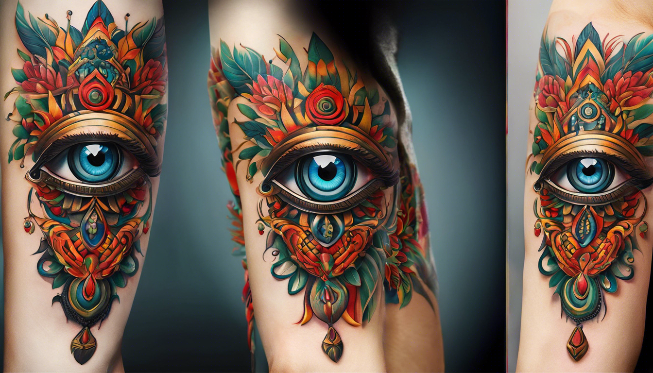 An eye-catching hand tattoo image that showcases innovative cultural motifs, using vivid colors, intricate linework, and bold shading techniques