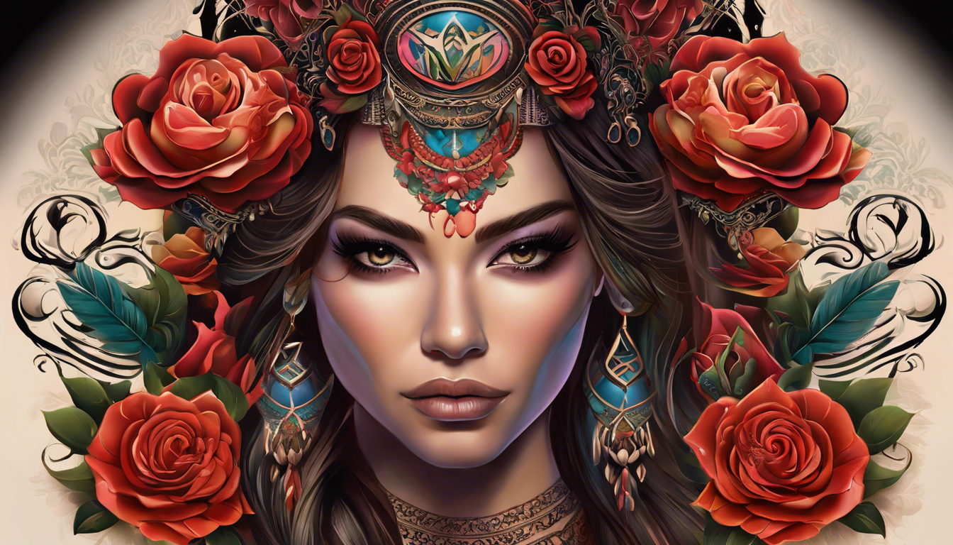  a visually striking Chicano tattoo image showcasing feminine Chicano script, blending intricate calligraphy with vibrant colors, delicate roses, and intricate lace patterns, capturing the essence of empowerment and cultural pride for women