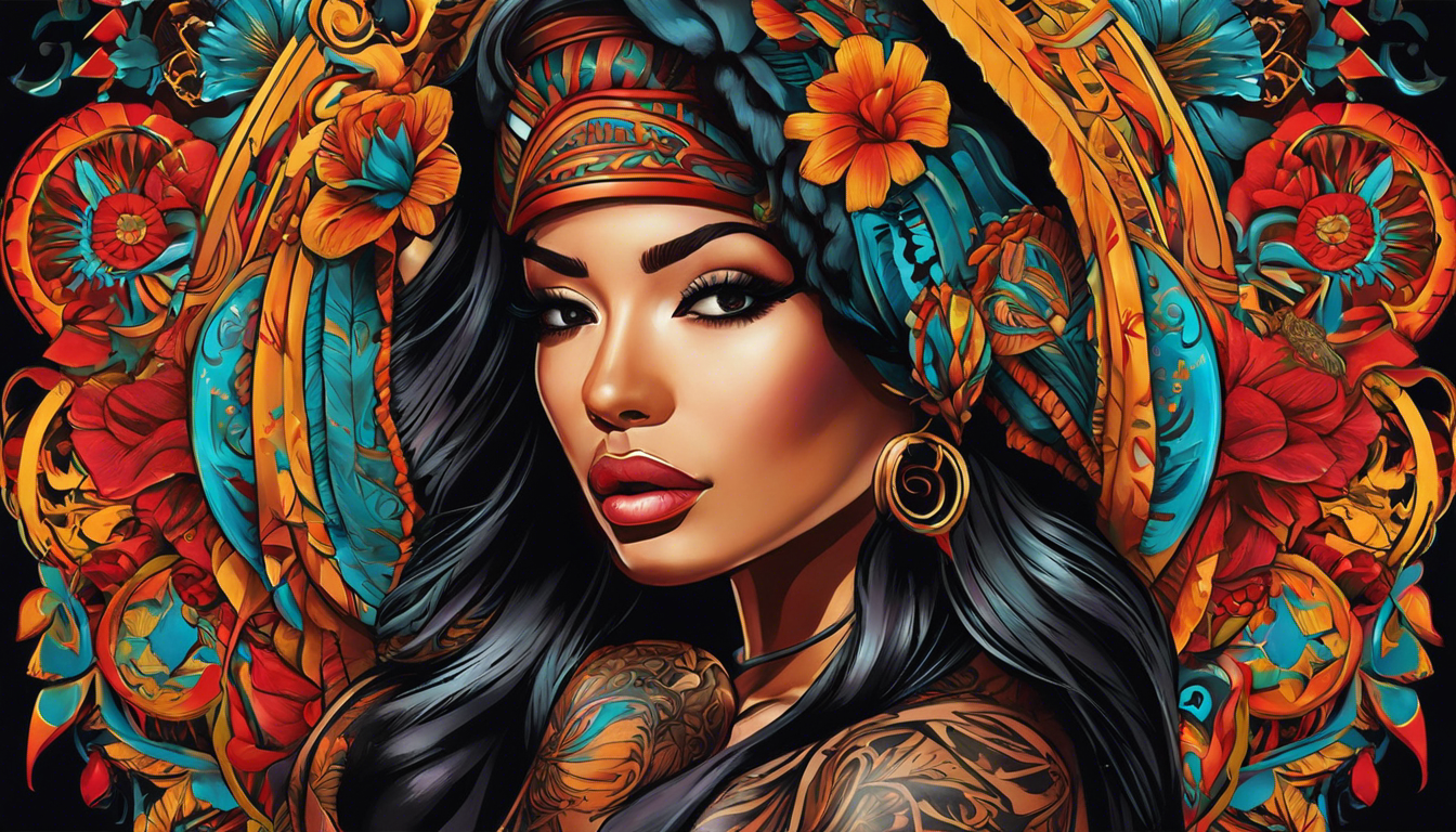 A striking tattoo-style image capturing the essence of Chicano tattoos for women, with a focus on powerful, bold Chicano portrait tattoos