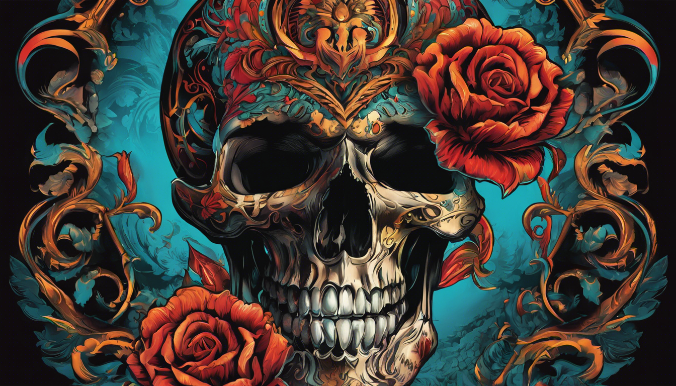 A bold tattoo-style image showcasing intricate d Tattoo Designs for Men, with a focus on Skull and Skeleton Tattoos