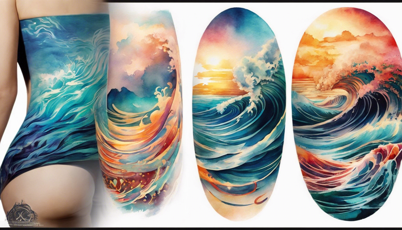 A captivating tattoo design for an article exploring "Watercolor Tattoo Designs for Women," focusing on a serene ocean wave theme