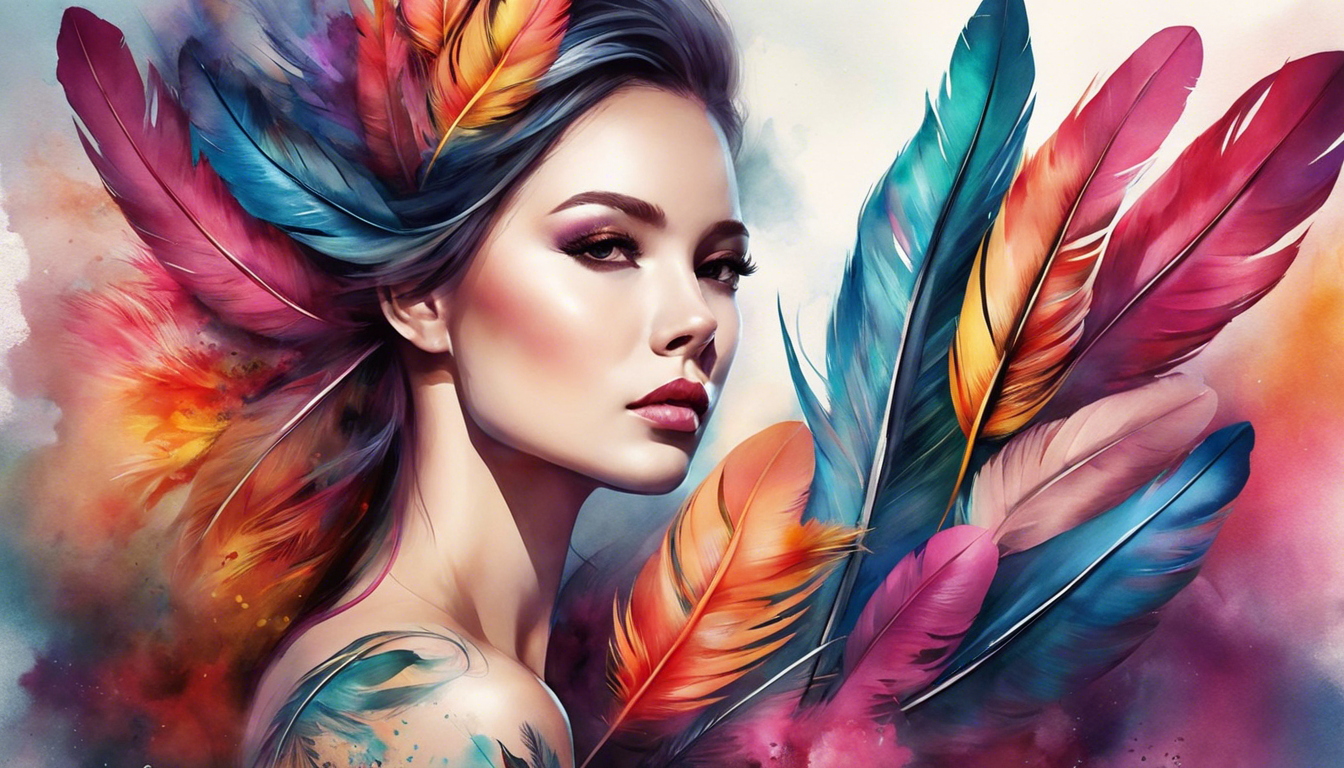 A captivating watercolor tattoo design that embodies the essence of femininity, featuring a vibrantly colored feather