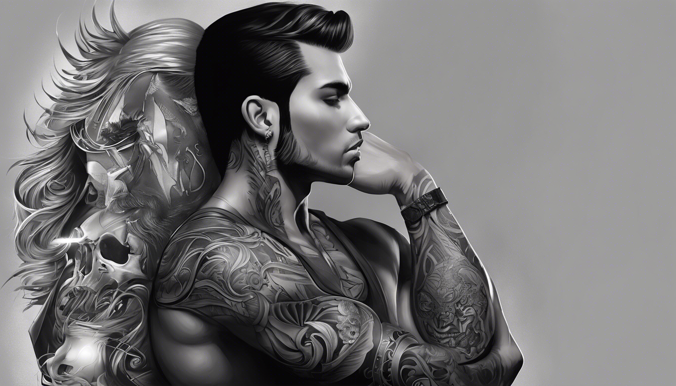 A visually striking tattoo design for an article titled "Attractive Tattoo Designs for Men" with a subtopic of "Black and Grey Portrait