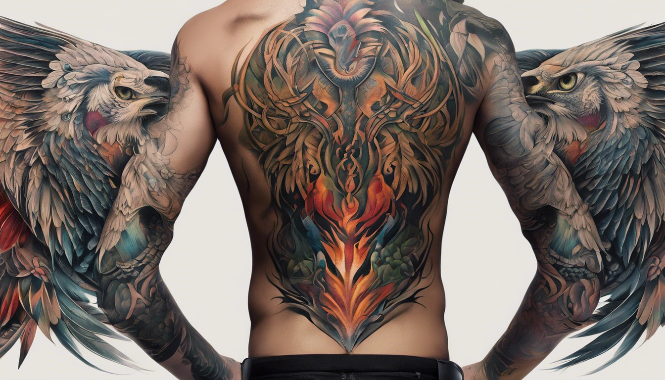 A striking tattoo-style image showcasing realistic back tattoos for men