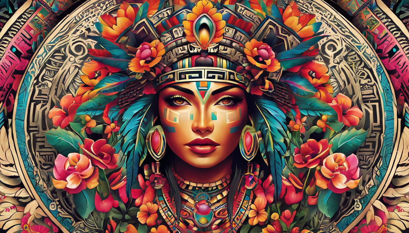 A visually stunning Aztec tattoo image for an article on "Aztec Tattoo Designs for Women," with a subtopic highlighting the elegance of "Floral Aztec Fusion