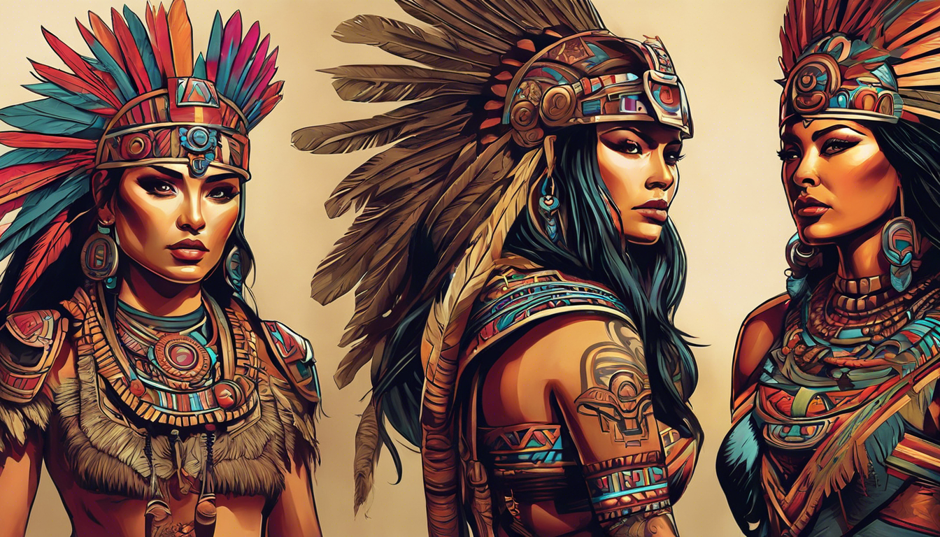 A captivating tattoo-style image for an article on "Aztec Tattoo Designs for Women," focusing on the subtopic of a fierce Warrior Princess