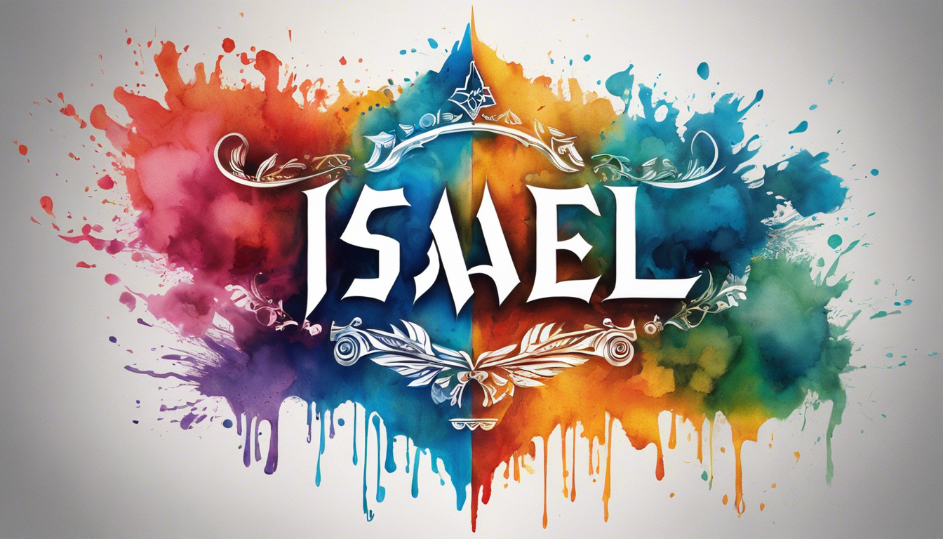 A vibrant tattoo design featuring the name 'Israel' in bold, intricate lettering, complemented by a stunning watercolor background