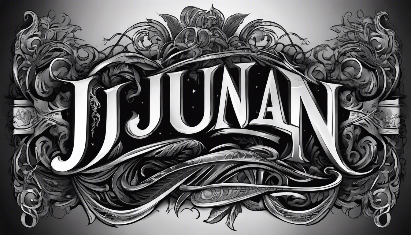 A striking black and grey tattoo design featuring the name 'Juan