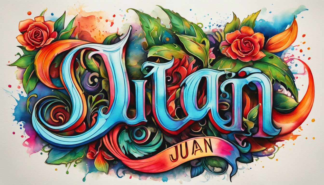 A stunning tattoo design featuring the name 'Juan' in bold, intricate lettering, infused with vibrant watercolor effects