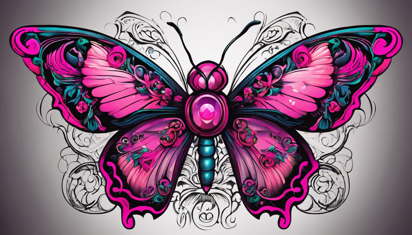 A vibrant and intricate tattoo design that beautifully combines elements of breast cancer commemoration and butterfly symbolism