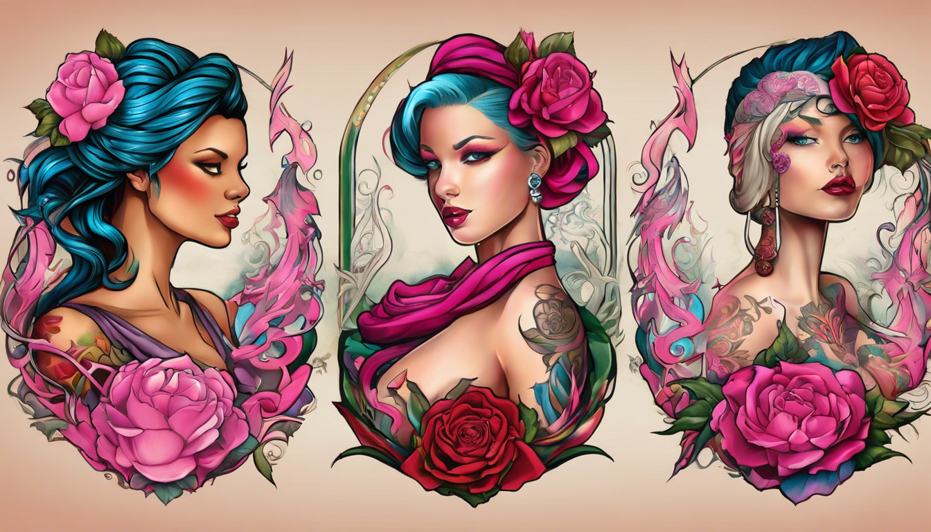 A vivid tattoo-style image illustrating Breast Cancer Commemorative Tattoo Designs, focusing on the use of Mastectomy Scar Cover-Up Tattoos