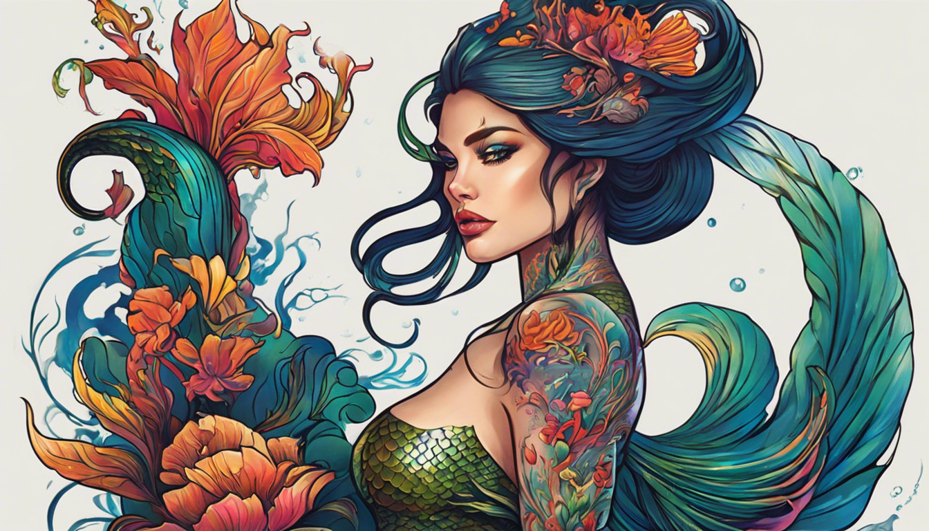 A striking Neo-traditional Mermaid Tattoo Design for men, showcasing intricate linework, vibrant colors, and a fusion of traditional and contemporary elements