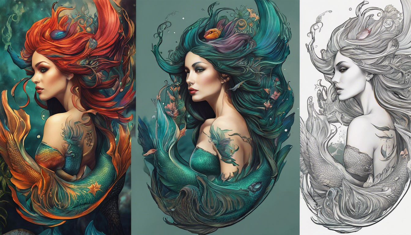 A visually stunning, realistic mermaid tattoo that exudes masculinity