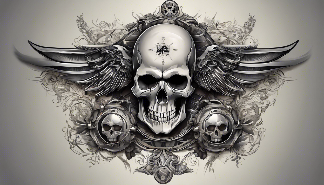 A visually stunning tattoo design for an article on "Beautiful Shoulder Tattoo Designs for Men," focusing on the subtopic of Skull and Crossbones