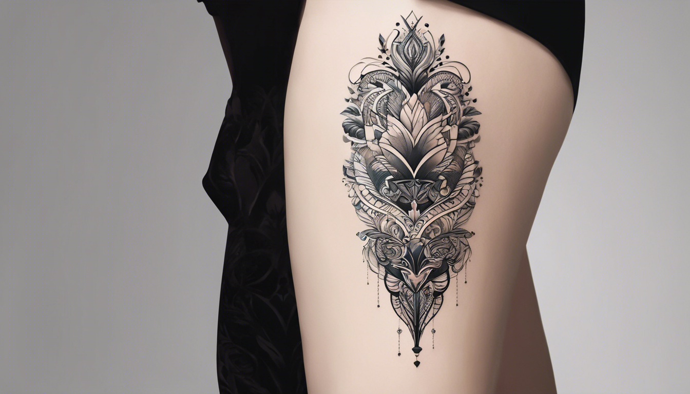 A stunning tattoo design for an article titled "Gorgeous Leg Tattoo Designs for Women," specifically focusing on Abstract and Minimalist styles