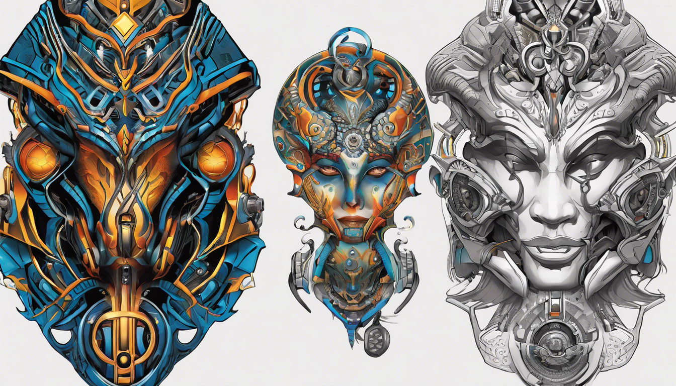 A jaw-dropping tattoo image for an article on "Stunning Neck Tattoo Designs for Men," focusing on the subtopic of Futuristic and Tech-Inspired Design