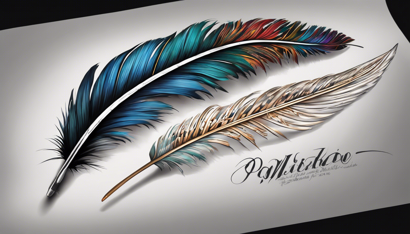 A realistic tattoo image of a feather intertwined with names of loved ones on a chosen body part