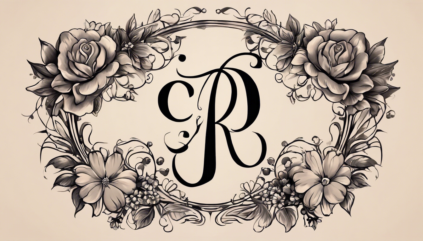 A whimsical tattoo design featuring feminine initials with intricate floral accents