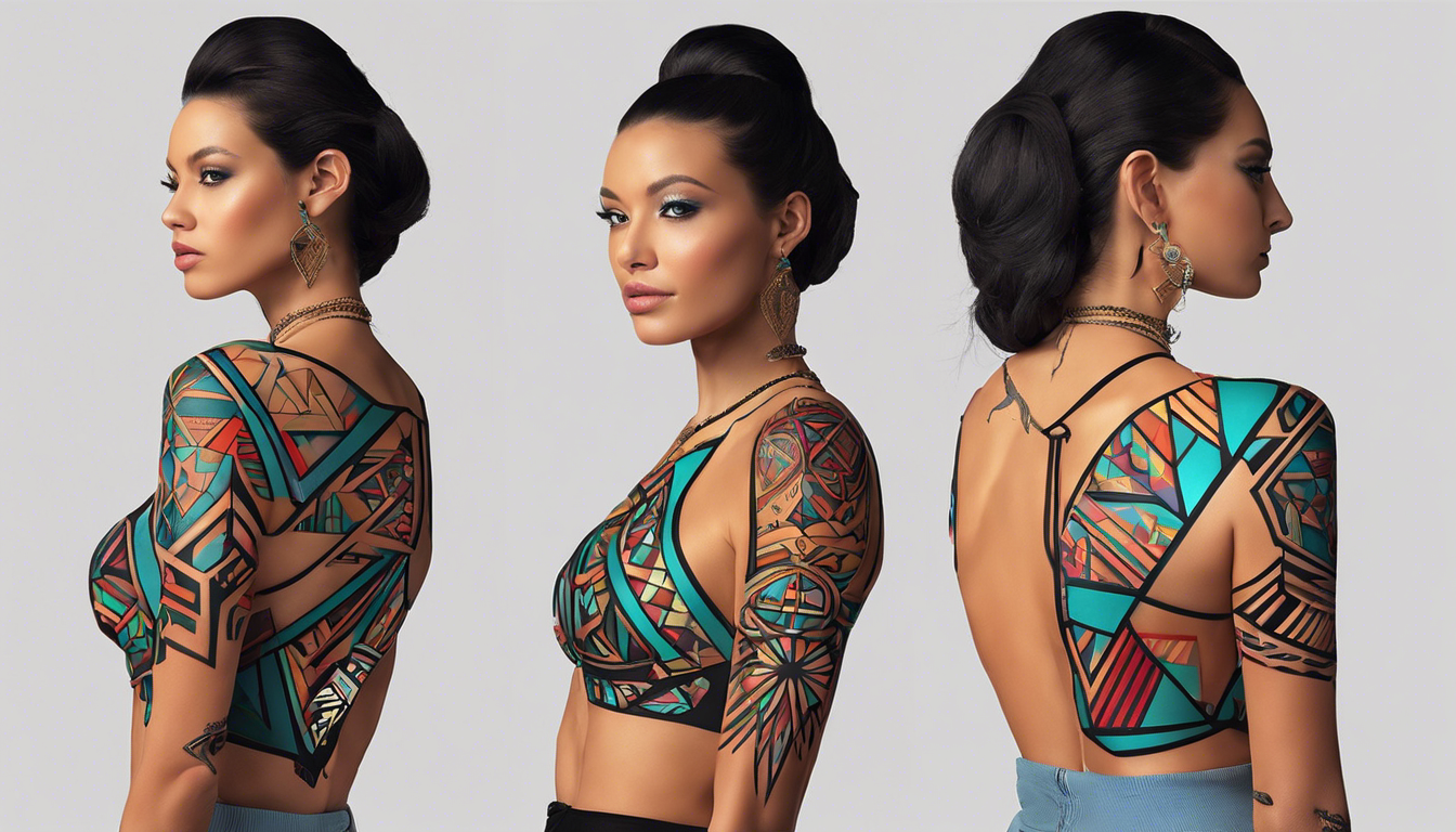 A bold, geometric tattoo pattern on any part of the female body, incorporating the name "Javier" within the design